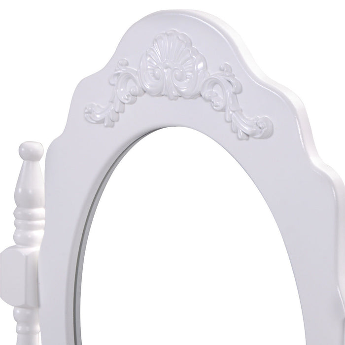 Vanity Table Set with Cushioned Stool with 360Â° Rotating Oval Mirror and Three Drawers-White