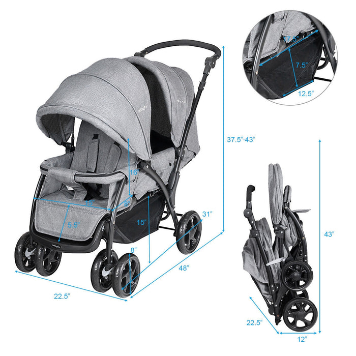 Foldable Lightweight Front Back Seats Double Baby Stroller-Gray