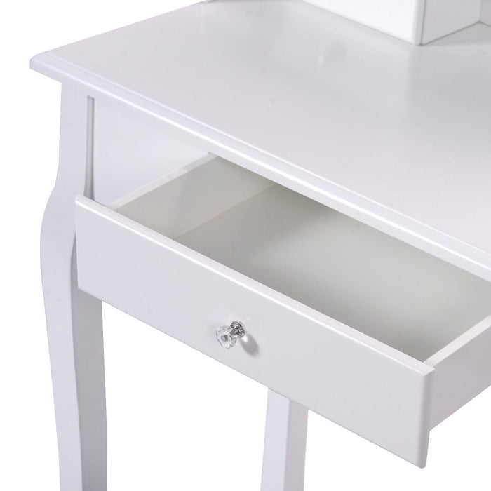 Vanity Table Set with Cushioned Stool with 360Â° Rotating Oval Mirror and Three Drawers-White