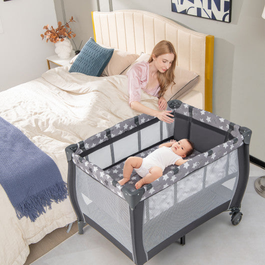 Portable Baby Playard with Changing Table Bassinet and Music Box-Gray