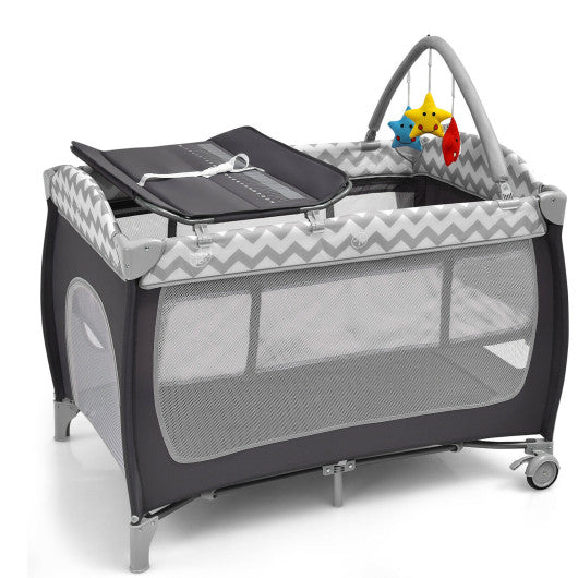 3-in-1 Portable Baby Playard with Zippered Door and Toy Bar-Gray