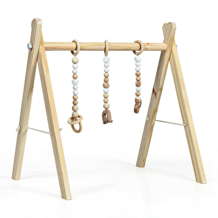 Portable 3 Wooden Newborn Baby Exercise Activity Gym Teething Toys Hanging Bar-Natural