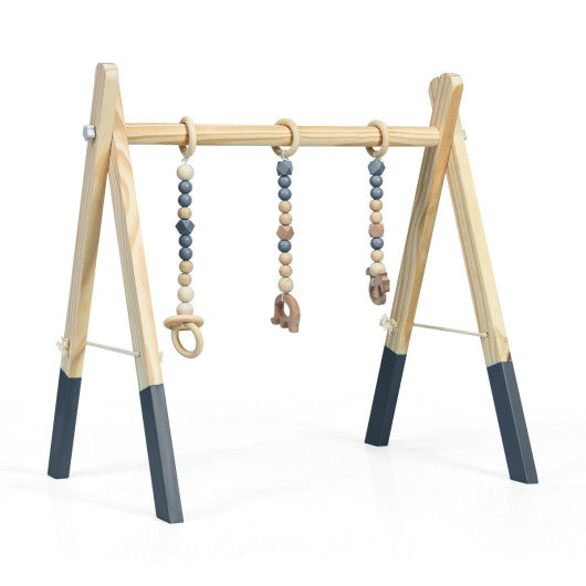 Portable 3 Wooden Newborn Baby Exercise Activity Gym Teething Toys Hanging Bar-Gray