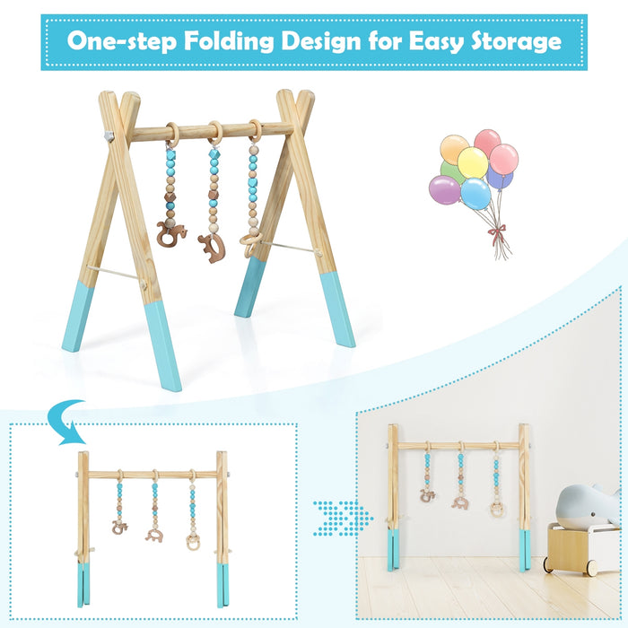 Portable 3 Wooden Newborn Baby Exercise Activity Gym Teething Toys Hanging Bar-Blue