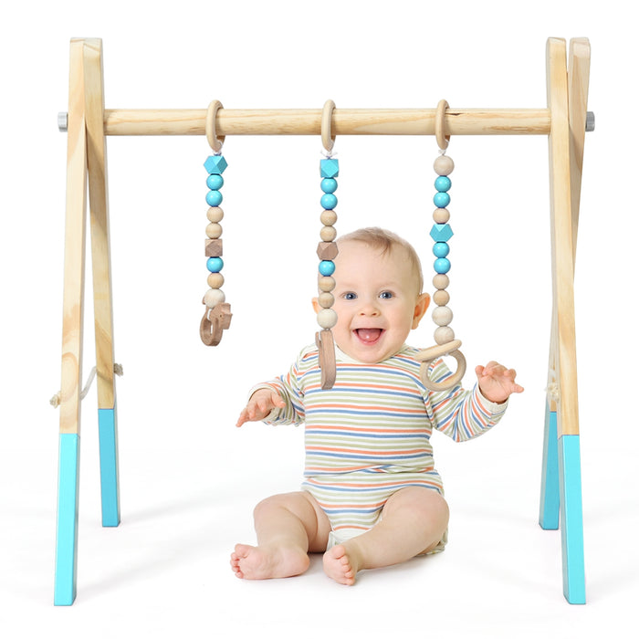 Portable 3 Wooden Newborn Baby Exercise Activity Gym Teething Toys Hanging Bar-Blue