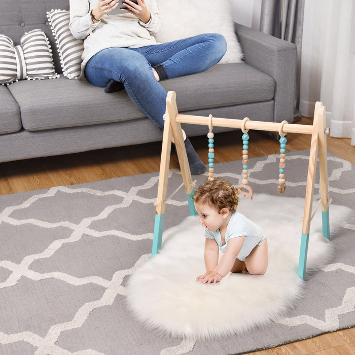 Portable 3 Wooden Newborn Baby Exercise Activity Gym Teething Toys Hanging Bar-Blue