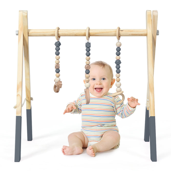 Portable 3 Wooden Newborn Baby Exercise Activity Gym Teething Toys Hanging Bar-Gray