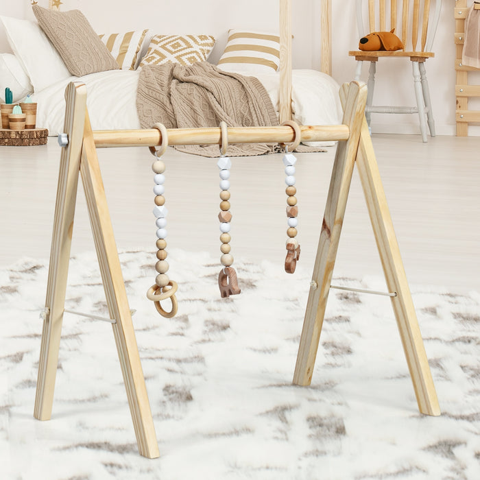 Portable 3 Wooden Newborn Baby Exercise Activity Gym Teething Toys Hanging Bar-Natural