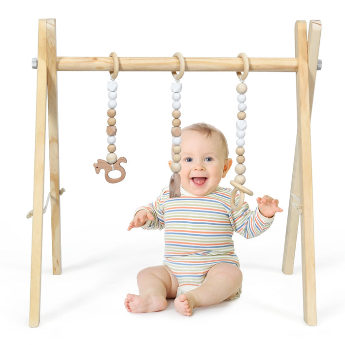 Portable 3 Wooden Newborn Baby Exercise Activity Gym Teething Toys Hanging Bar-Natural