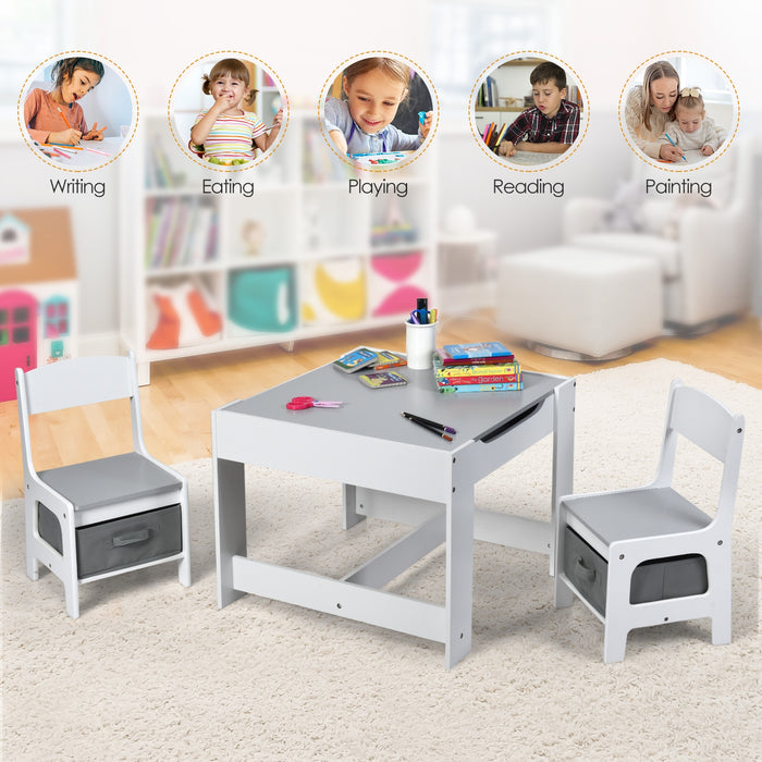 Kids Table Chairs Set With Storage Boxes Blackboard Whiteboard Drawing-White