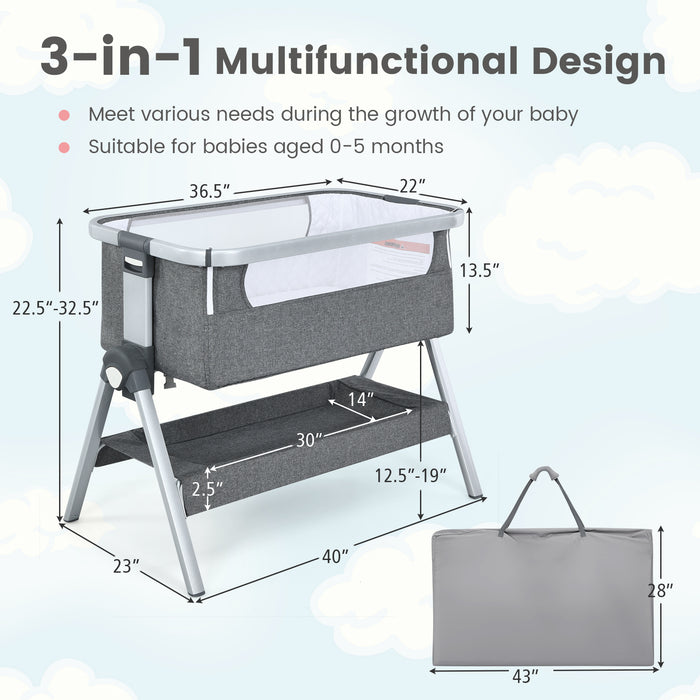 Baby Bassinet Bedside Sleeper with Storage Basket and Wheel for Newborn-Gray