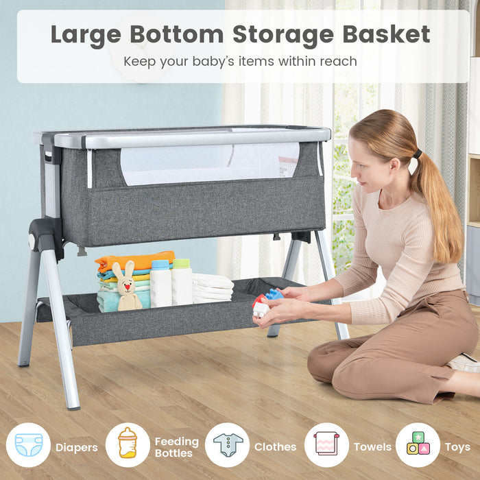 Baby Bassinet Bedside Sleeper with Storage Basket and Wheel for Newborn-Gray