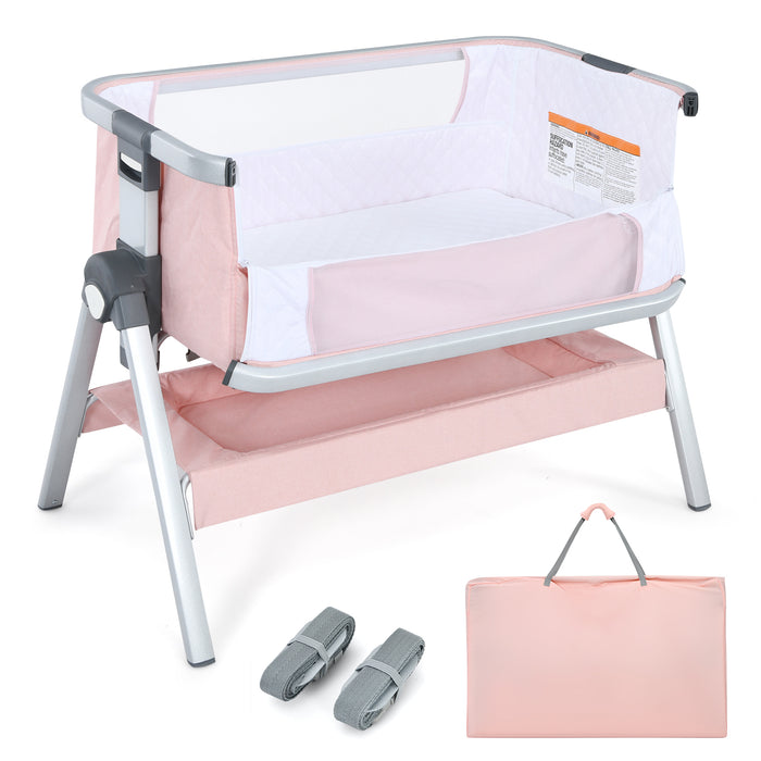 Baby Bassinet Bedside Sleeper with Storage Basket and Wheel for Newborn-Pink