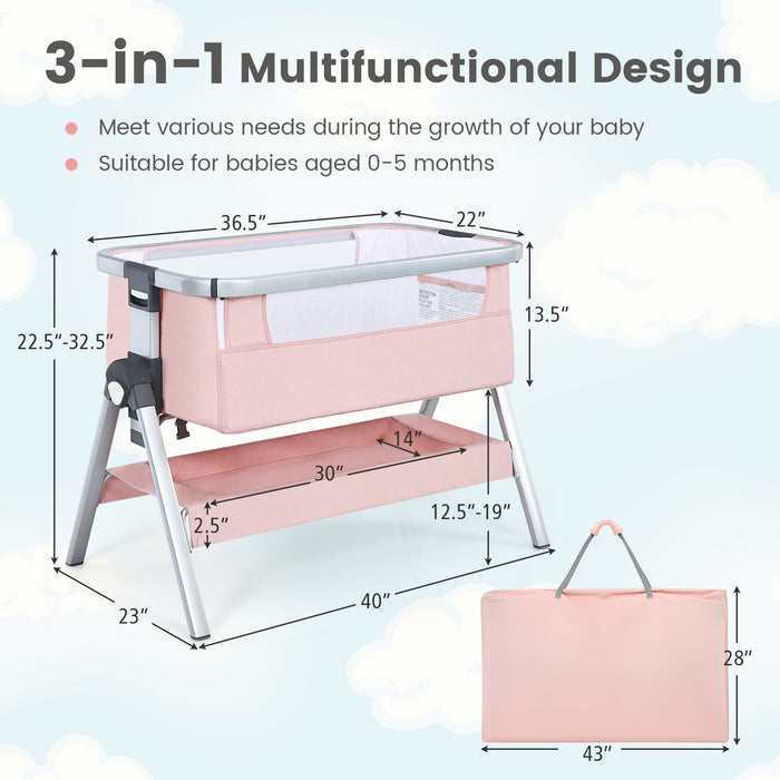 Baby Bassinet Bedside Sleeper with Storage Basket and Wheel for Newborn-Pink