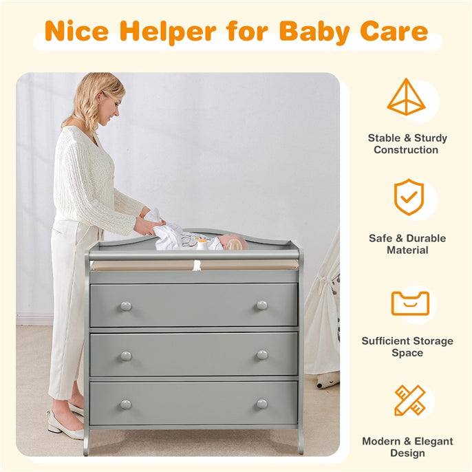 Baby Changing Table Infant Diaper with 3 Drawers and Safety Belt-Gray