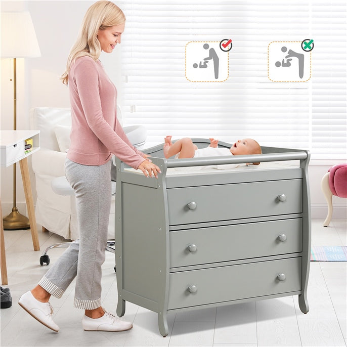 Baby Changing Table Infant Diaper with 3 Drawers and Safety Belt-Gray