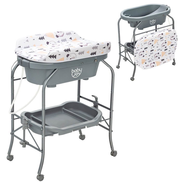 Portable Baby Changing Table with Storage Basket and Shelves-Gray