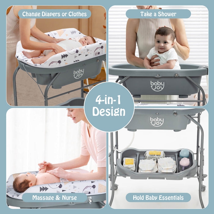 Portable Baby Changing Table with Storage Basket and Shelves-Gray