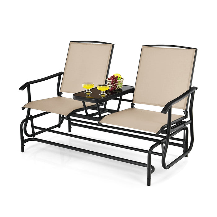 2-Person Rocking Loveseat with Mesh Fabric and Tempered Glass Table