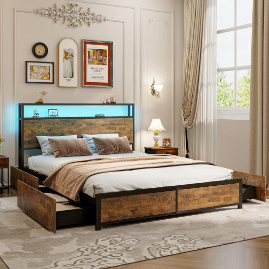 Full/Queen Size Bed Frame with Smart LED Lights and Storage Drawers-Queen Size