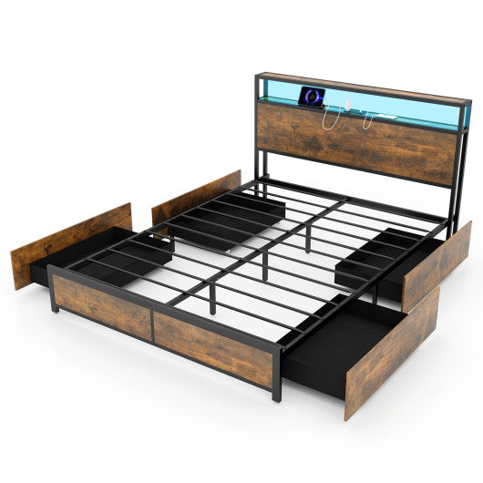 Full/Queen Size Bed Frame with Smart LED Lights and Storage Drawers-Queen Size