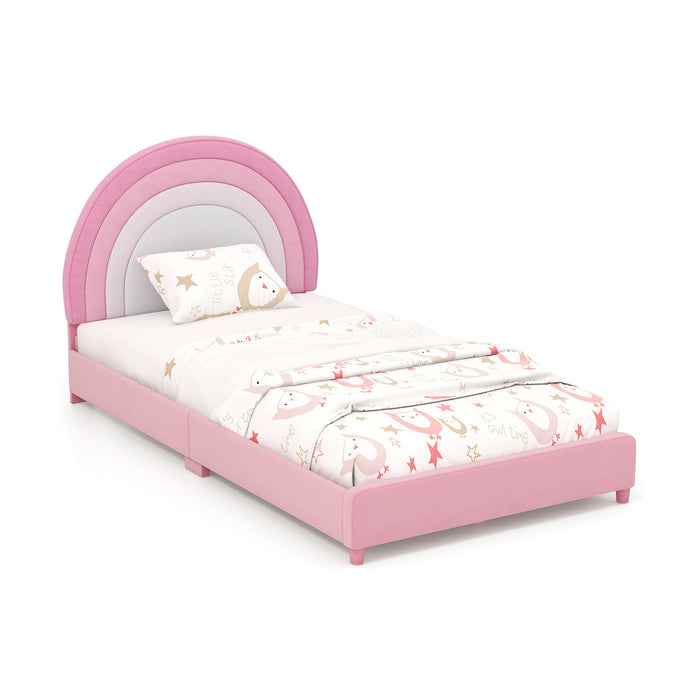 Twin Bed Frame with Height-Adjustable Headboard and Sturdy Wooden Slats-White & Pink