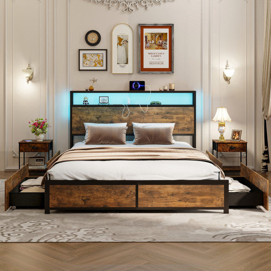 Full/Queen Size Bed Frame with Smart LED Lights and Storage Drawers-Queen Size