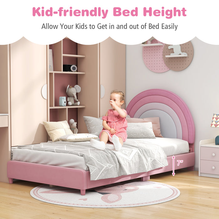 Twin Bed Frame with Height-Adjustable Headboard and Sturdy Wooden Slats-White & Pink