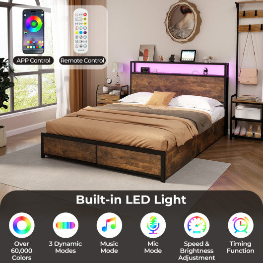 Full/Queen Size Bed Frame with Smart LED Lights and Storage Drawers-Queen Size