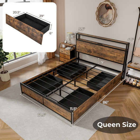 Full/Queen Size Bed Frame with Smart LED Lights and Storage Drawers-Queen Size