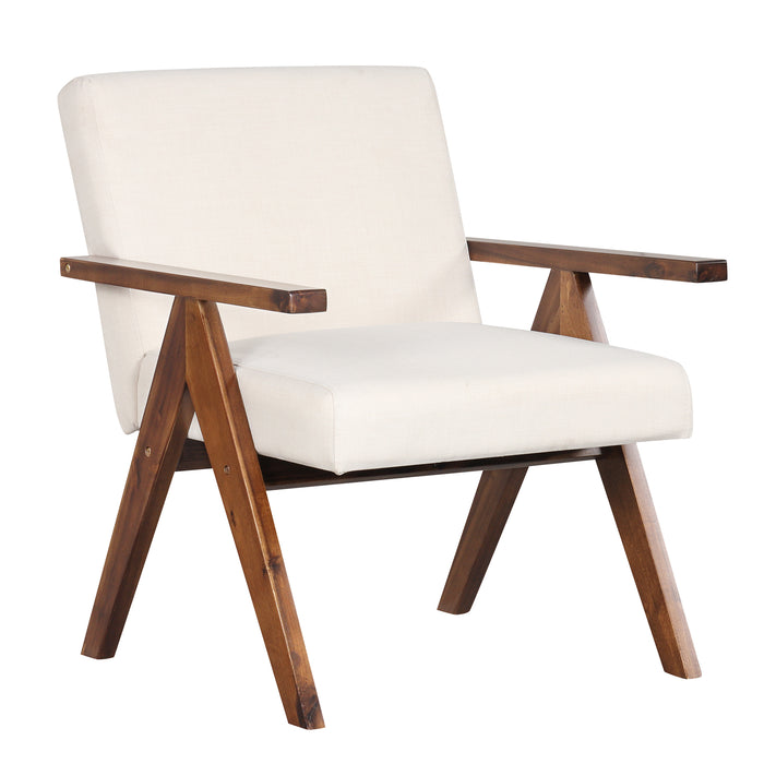 Modern Accent Chair Linen Fabric Armchair with Solid Acacia Wood Frame-Beige