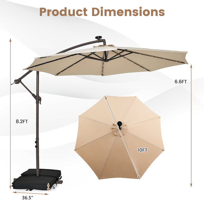 10 Feet Cantilever Umbrella with 32 LED Lights and Solar Panel Batteries-Beige