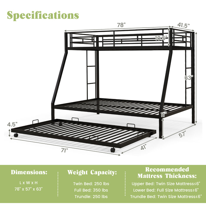 Twin Over Full Bunk Bed Frame with Trundle for Guest Room-Black