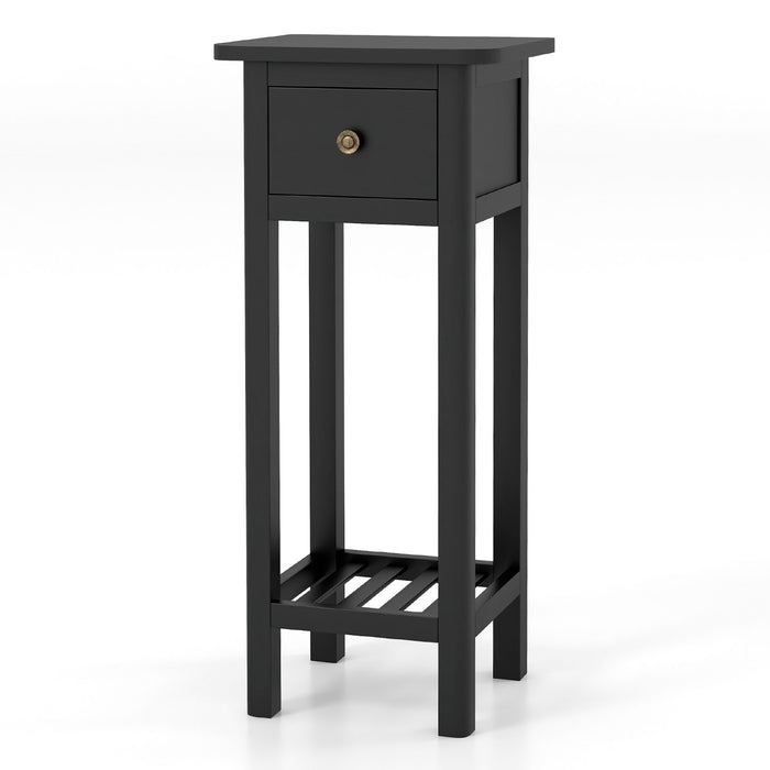 2 Tier Slim Nightstand Bedside Table with Drawer Shelf-Black