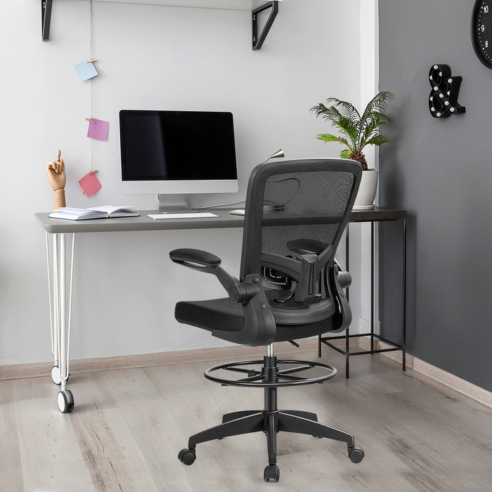 Height Adjustable Drafting Chair with Flip Up Arms-Black