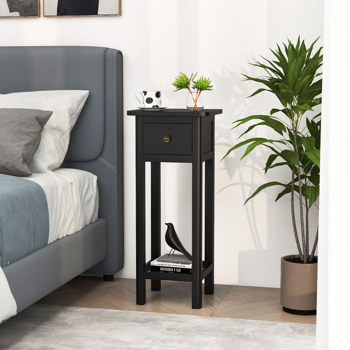 2 Tier Slim Nightstand Bedside Table with Drawer Shelf-Black