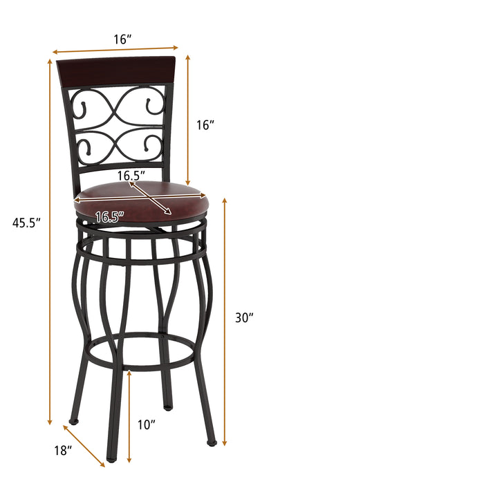 2 Pieces 30 Inch 360 Degree Swivel Bar Stools with Leather Padded Seat-Brown