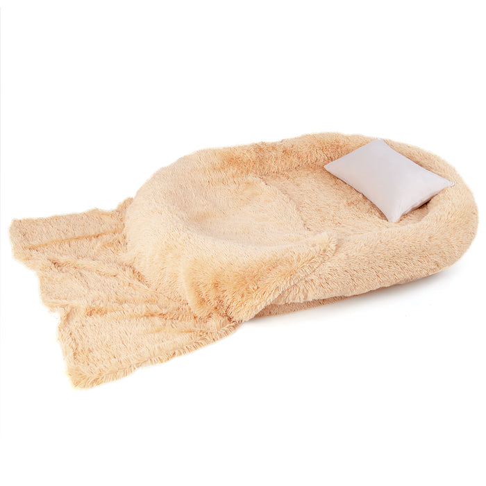 Washable Fluffy Human Dog Bed with Soft Blanket and Plump Pillow-Brown