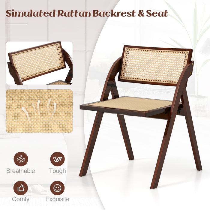 Foldable Dining Chairs Set of 2 with Woven Rattan Backrest-Brown