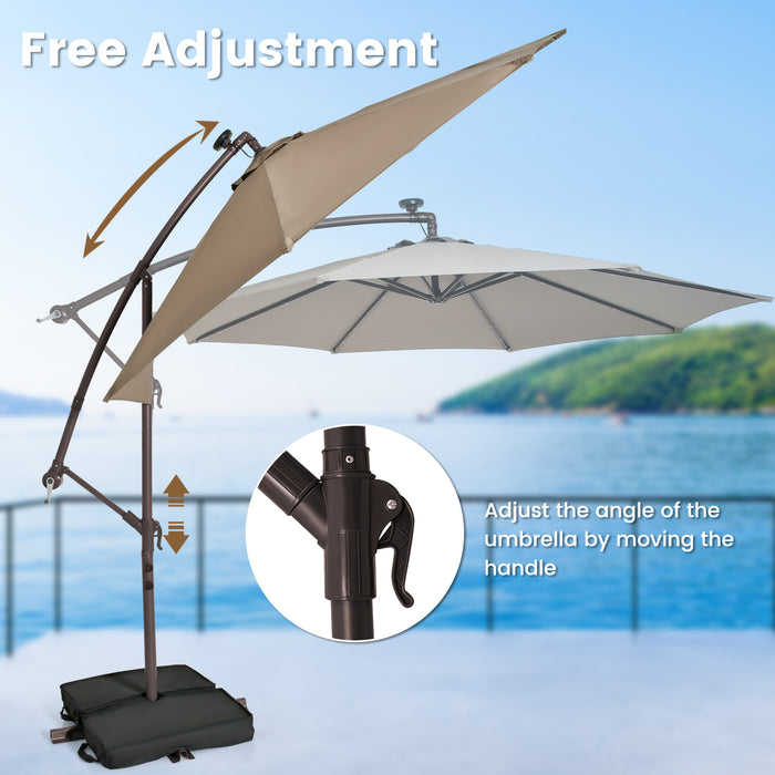 10 Feet Cantilever Umbrella with 32 LED Lights and Solar Panel Batteries-Tan