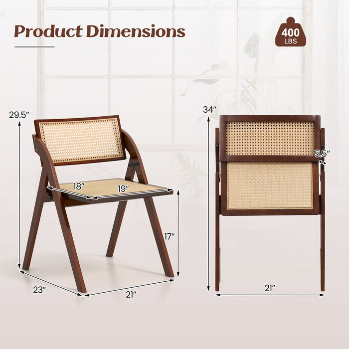 Foldable Dining Chairs Set of 2 with Woven Rattan Backrest-Brown