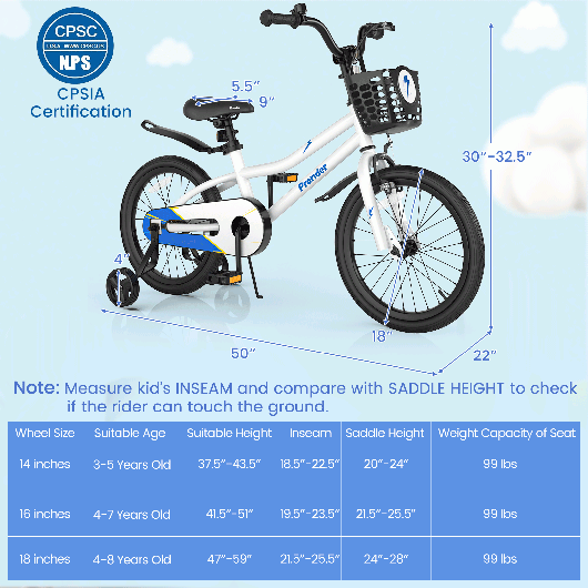 18 Feet Kids Bike with Removable Training Wheels-White