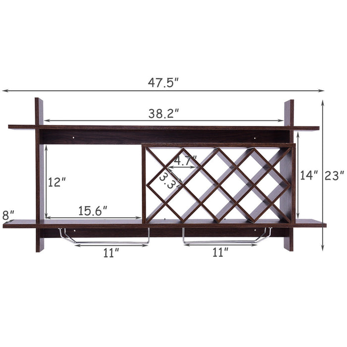 Wall Mount Wine Rack with Glass Holder & Storage Shelf-Walnut