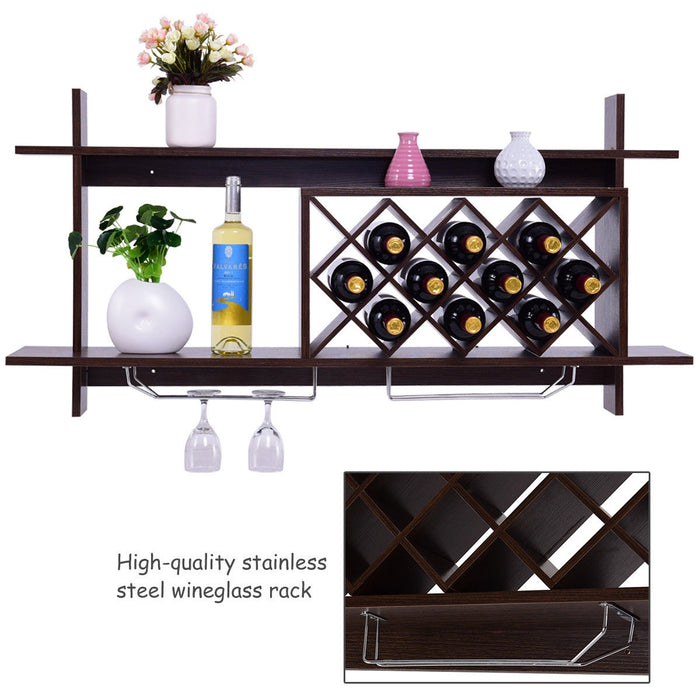 Wall Mount Wine Rack with Glass Holder & Storage Shelf-Walnut