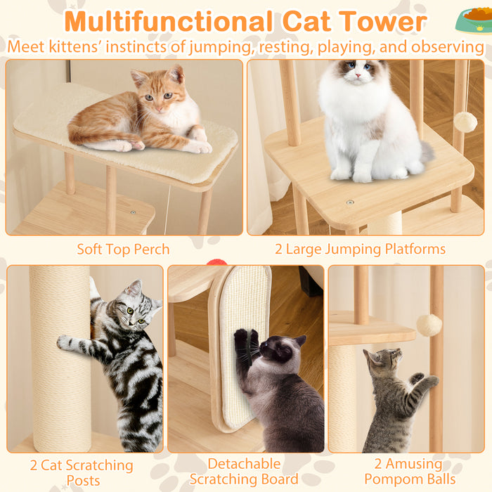 Wooden Multi-level Modern Cat Tower with Scratching Board and Post-50 inches