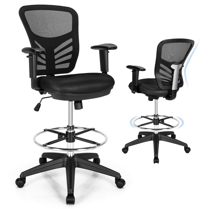 Mesh Drafting Chair Office Chair with Adjustable Armrests and Foot-Ring-Black