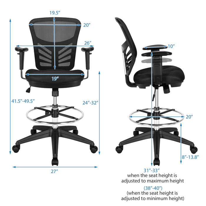 Mesh Drafting Chair Office Chair with Adjustable Armrests and Foot-Ring-Black