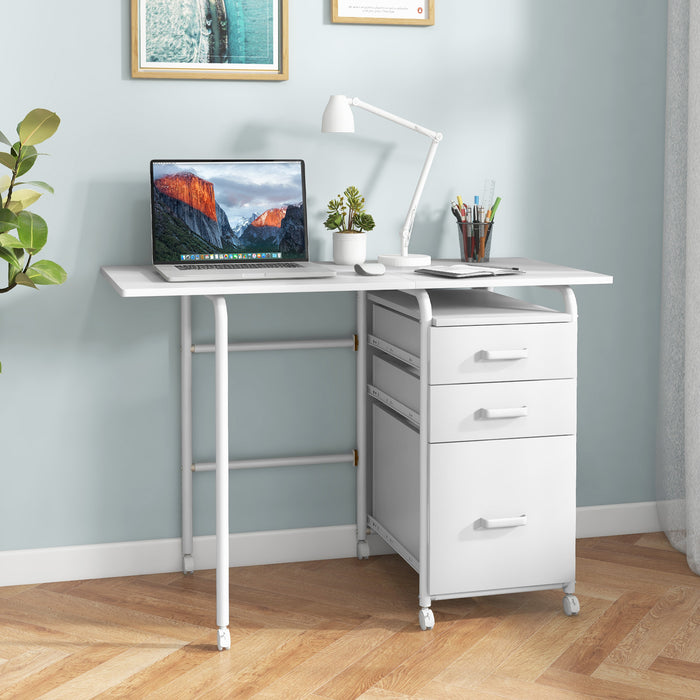 Home Office Folding Computer Laptop Desk Wheeled with 3 Drawers-White