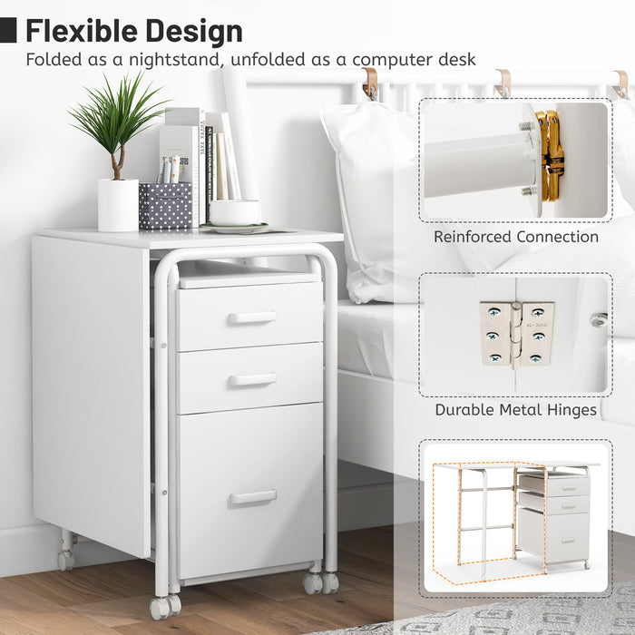 Home Office Folding Computer Laptop Desk Wheeled with 3 Drawers-White