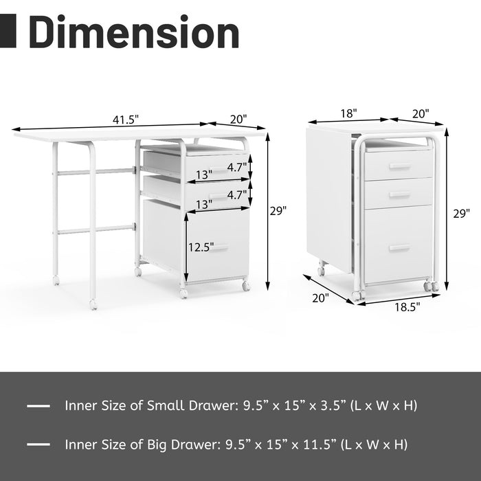 Home Office Folding Computer Laptop Desk Wheeled with 3 Drawers-White